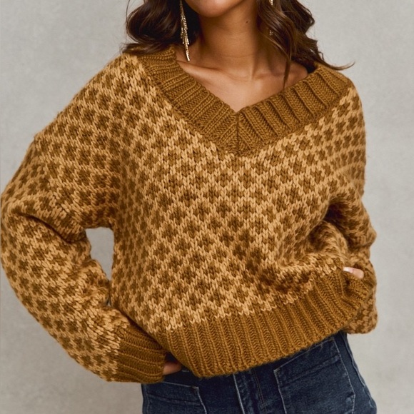 Cozy Brown Knit SO ME Color Block Textured Christmas Sweater V Neck Top